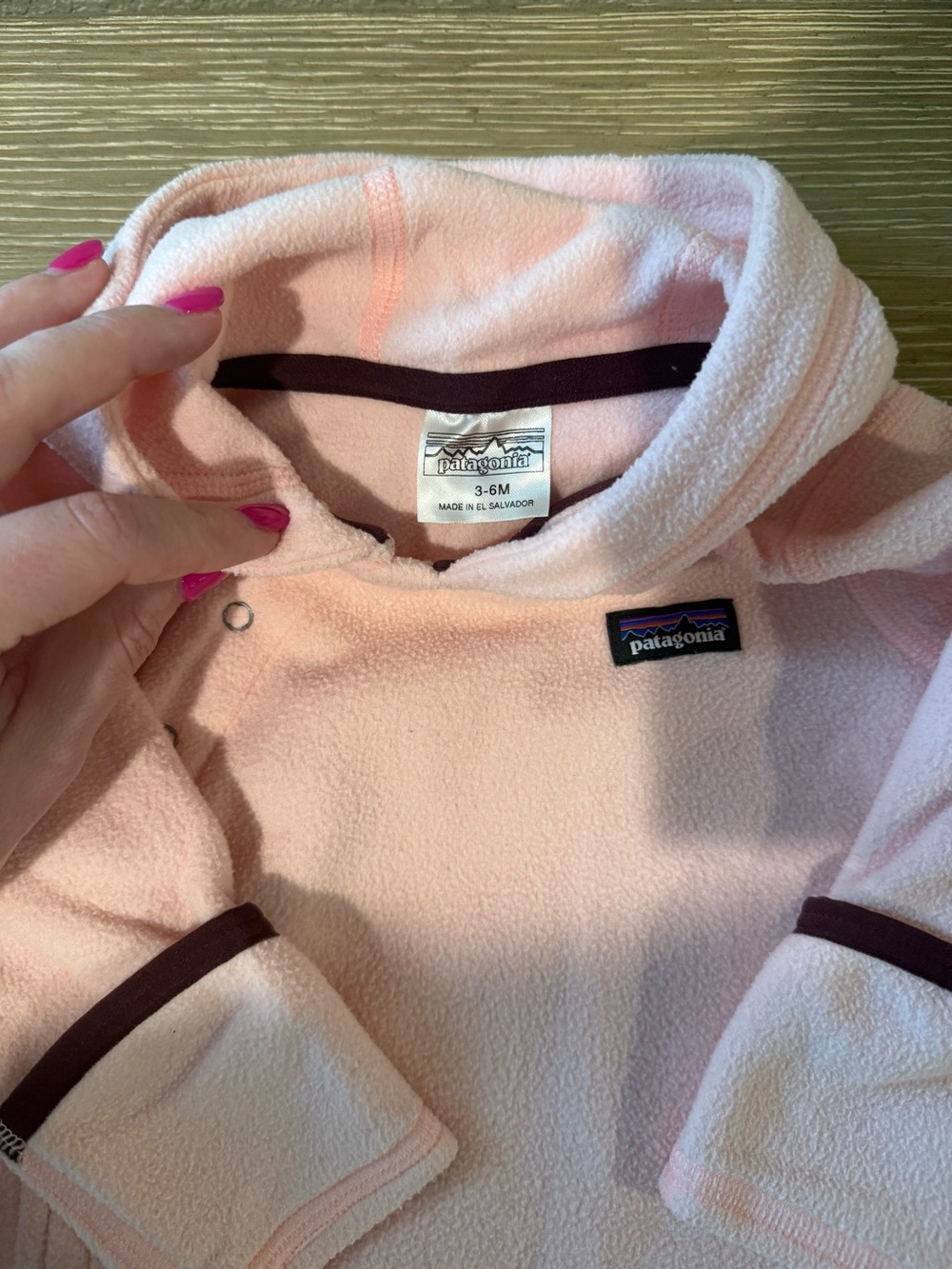 Patagonia Light Pink Baby Fleece Bunting Suit with Dark Maroon Trim, 3-6 Months